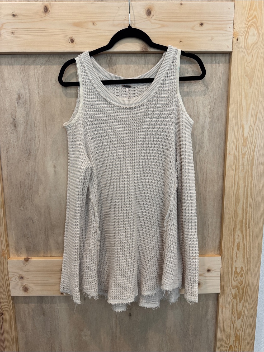 Free People Cream Waffle Knit Open Shoulder Long Sleeve Shirt